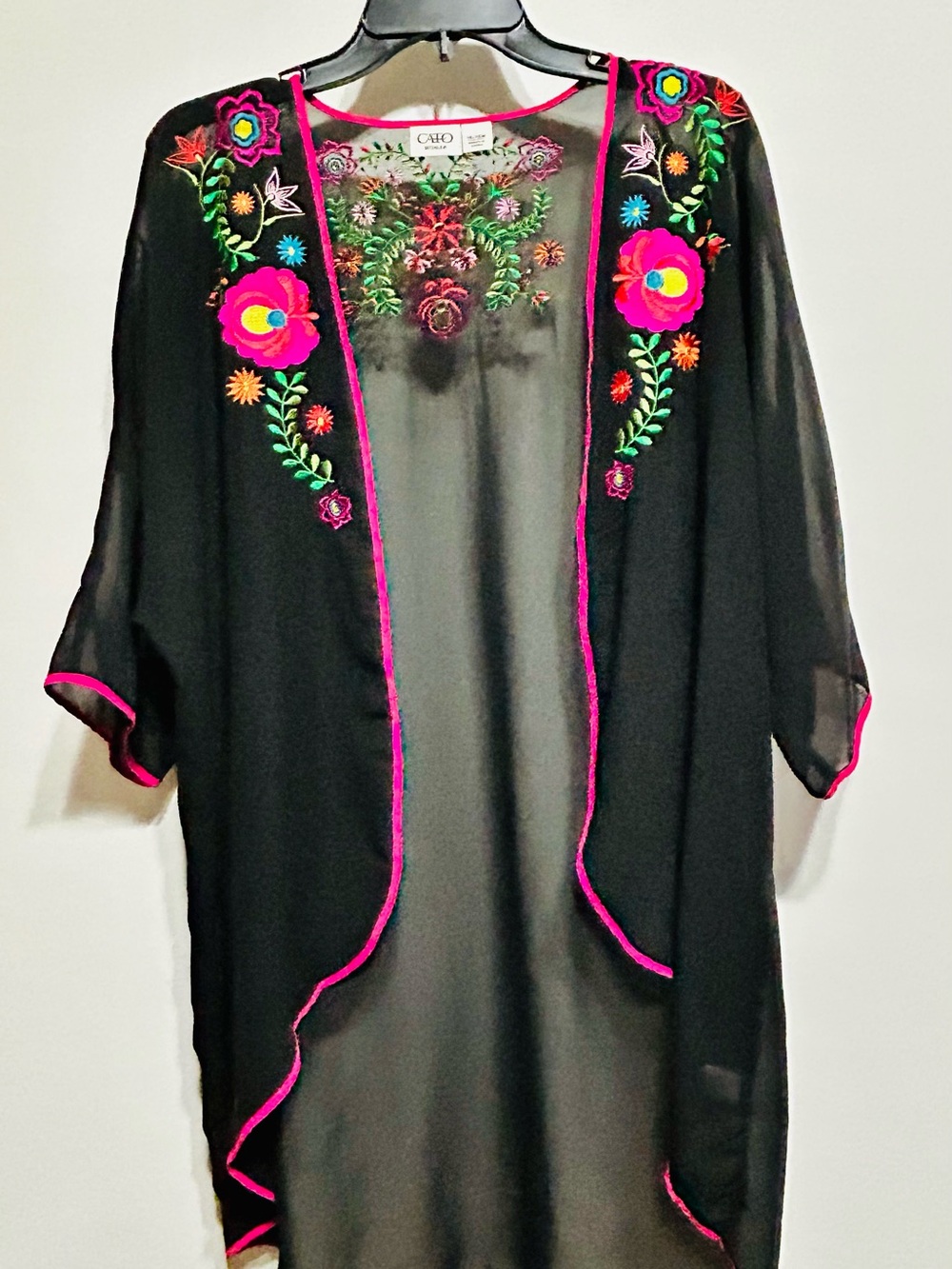 Cato Black Sheer Floral Embroidered Swim Cover-Up with Neon Pink Trim